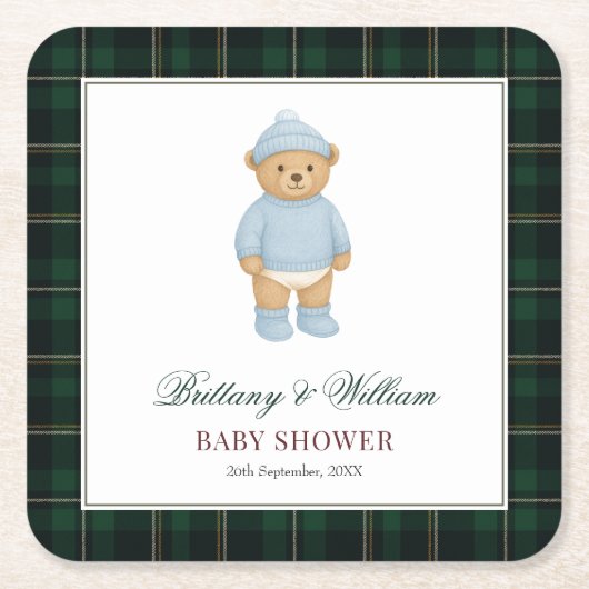 Classic Preppy Bear Tartan Plaid Baby Shower Kartonnen Onderzetters (Voorkant)