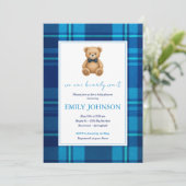 Classic Preppy Blue Plaid Teddy Bear Baby shower Kaart (Staand voorkant)