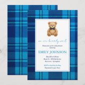 Classic Preppy Blue Plaid Teddy Bear Baby shower Kaart (Voorkant / Achterkant)