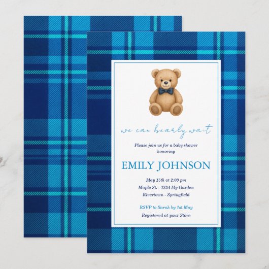 Classic Preppy Blue Plaid Teddy Bear Baby shower Kaart (Voorkant / Achterkant)