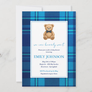 Classic Preppy Blue Plaid Teddy Bear Baby shower Kaart