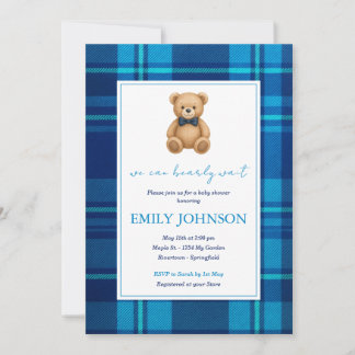 Classic Preppy Blue Plaid Teddy Bear Baby shower Kaart
