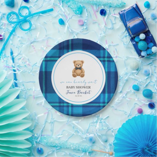 Classic Preppy Blue Plaid Teddy Bear Baby shower Papieren Bordje (Feest)
