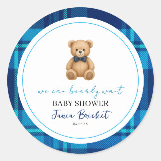 Classic Preppy Blue Plaid Teddy Bear Baby shower Ronde Sticker