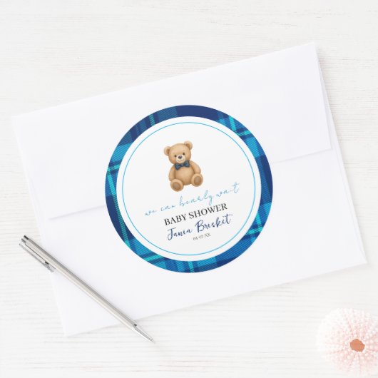 Classic Preppy Blue Plaid Teddy Bear Baby shower Ronde Sticker (Envelop)