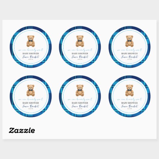 Classic Preppy Blue Plaid Teddy Bear Baby shower Ronde Sticker (Vel)