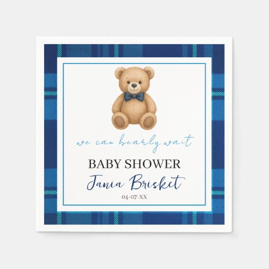 Classic Preppy Blue Plaid Teddy Bear Baby shower Servet (Voorkant)