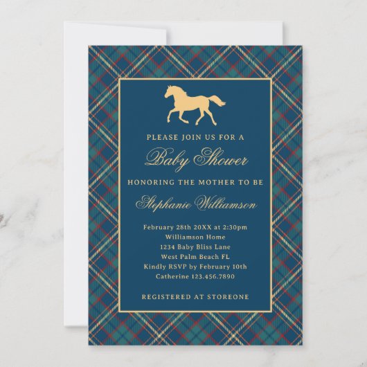 Classic Preppy Plaid Blue Equestrian Baby shower Kaart (Voorkant)