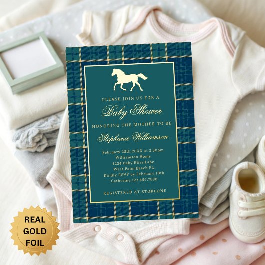 Classic Preppy Plaid Green Equestrian Baby Shower Folie Uitnodiging