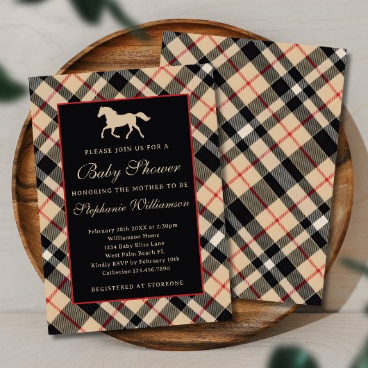 Classic Preppy Plaid Luxury Equestrian Baby shower Kaart