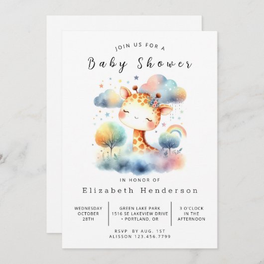 Classic Printable Giraffe Baby shower Kaart (Voorkant / Achterkant)