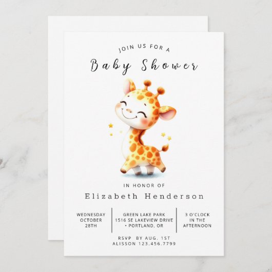 Classic Printable Giraffe Baby shower Kaart (Voorkant / Achterkant)