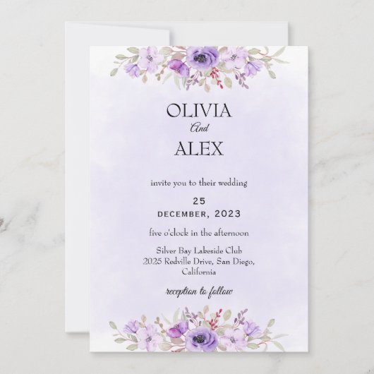Classic Purple Minimalist Floral Wedding  Kaart (Voorkant)