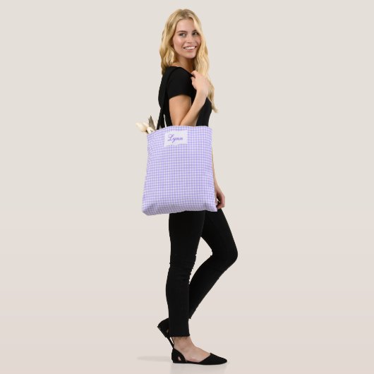 Classic Purple & White Gingham | Personalized Name Tote Bag (Op model)