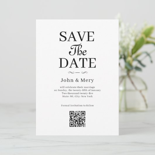 Classic QR Code Photo Wedding Save The Date Kaart (Staand voorkant)