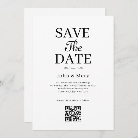 Classic QR Code Photo Wedding Save The Date Kaart (Voorkant / Achterkant)