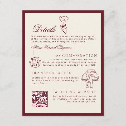 Classic QR Code Wedding Details Deep Red Old Money Informatiekaartje (Voorkant)