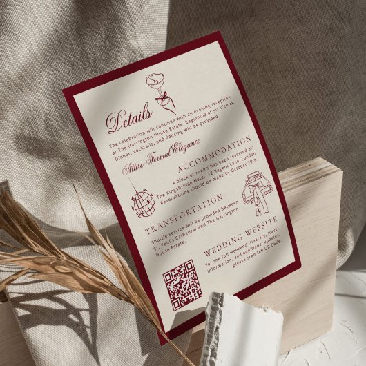 Classic QR Code Wedding Details Deep Red Old Money Informatiekaartje