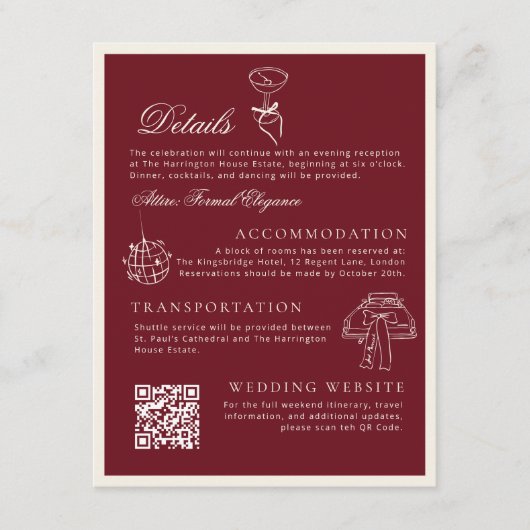 Classic QR Code Wedding Details Deep Red Old Money Informatiekaartje (Voorkant)