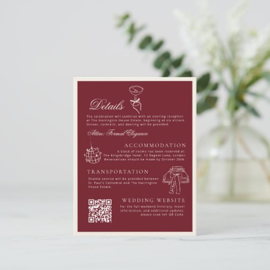 Classic QR Code Wedding Details Deep Red Old Money Informatiekaartje (Staand voorkant)