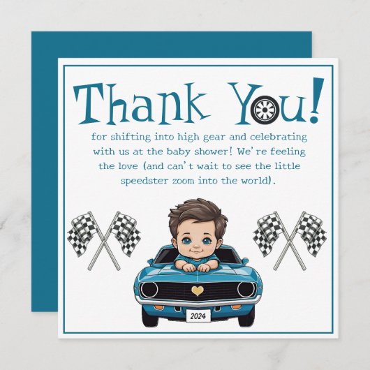 Classic Race Car Baby shower dank u kaarten (Voorkant / Achterkant)