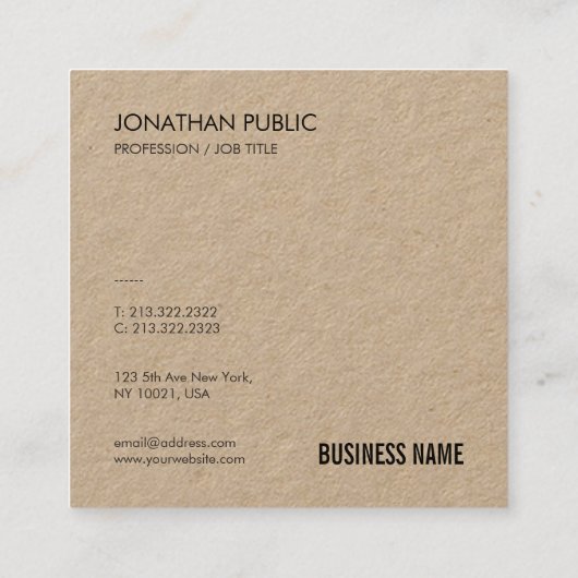 Classic Real Kraft Paper Sjabloon Elegant Trendy Vierkante Visitekaartje (Achterkant)