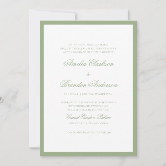 Classic Real Sage Green Border Script Wedding Kaart (Voorkant)