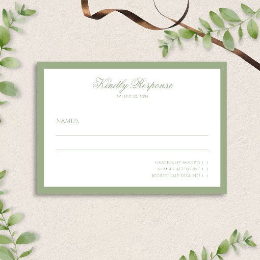 Classic Real Sage Green Border Script Wedding  RSVP Kaartje