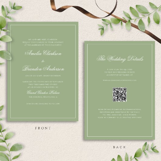 Classic Real Sage Green Border Wedding QR Code Kaart