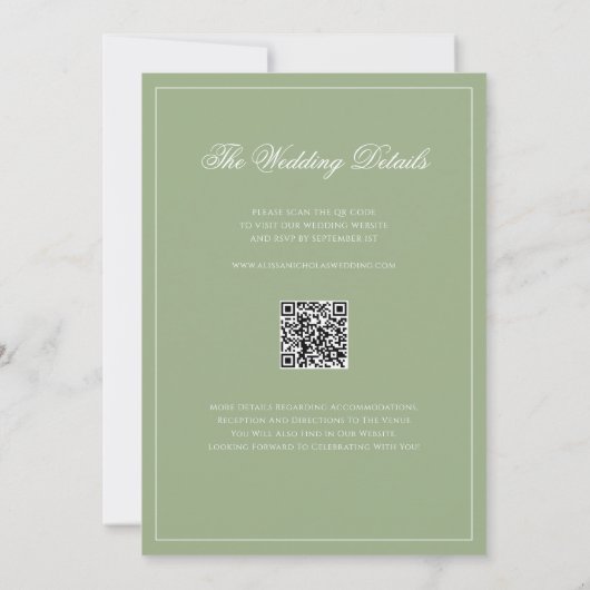 Classic Real Sage Green Border Wedding QR Code Kaart (Achterkant)