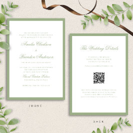 Classic Real Sage Green & White Wedding QR Code Kaart