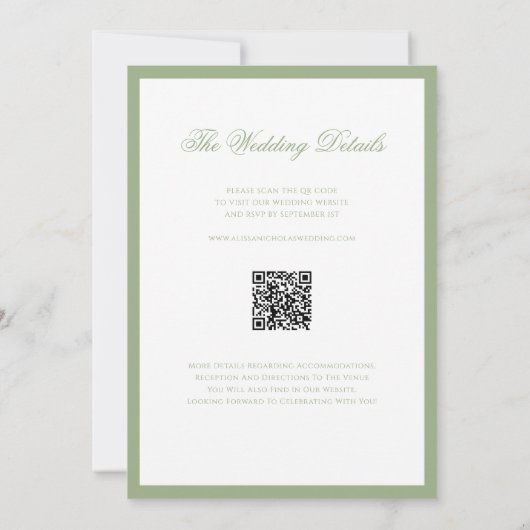 Classic Real Sage Green & White Wedding QR Code Kaart (Achterkant)