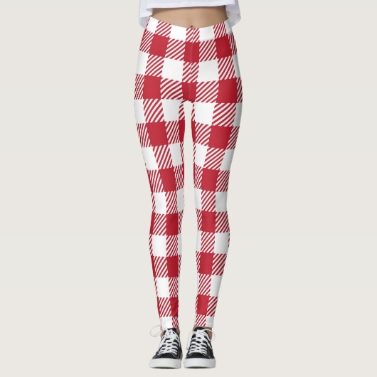 Classic Red and White Gingham Checkered Pattern Leggings (Voorkant)