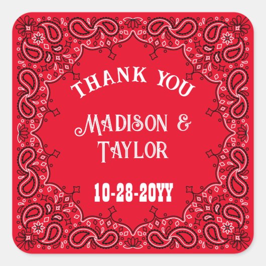 Classic Red Bandana Westerne bruiloft dank u Vierkante Sticker (Voorkant)