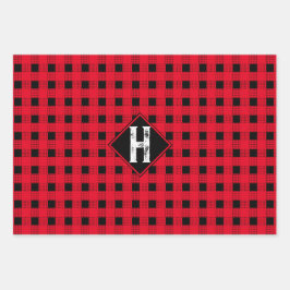 Classic red & black buffalo plaid Monogram initiaa Inpakpapier Vel