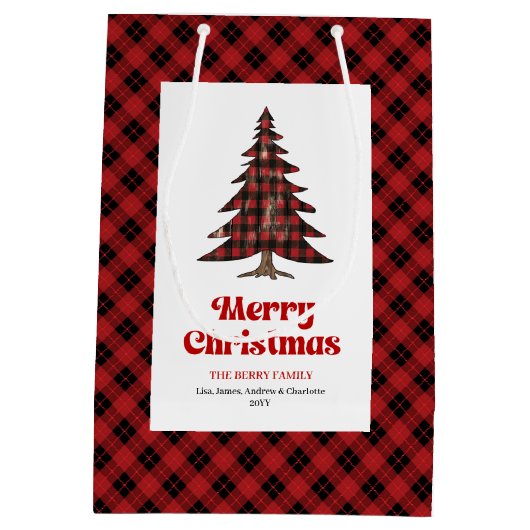 Classic red black tartan tree gift bag personalize medium cadeauzakje (Achterkant)