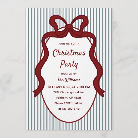 Classic Red Blue Stripes & Bow Frame Christmas Kaart (Voorkant)