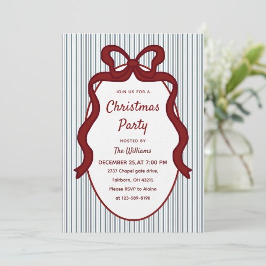 Classic Red Blue Stripes & Bow Frame Christmas Kaart (Staand voorkant)