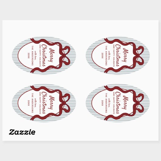 Classic Red Blue Stripes & Bow Frame Christmas Ovale Sticker (Vel)