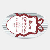Classic Red Blue Stripes & Bow Frame Christmas Ovale Sticker (Voorkant)