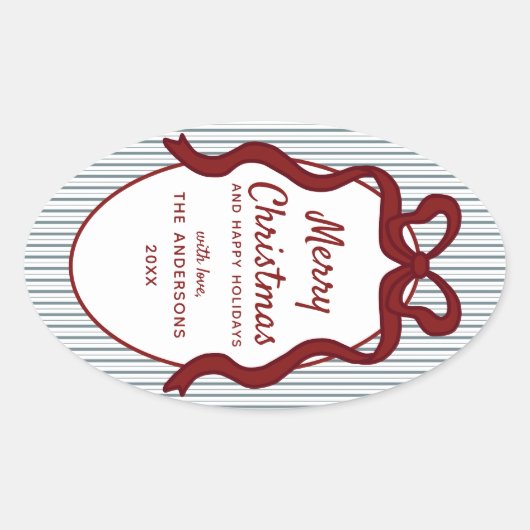 Classic Red Blue Stripes & Bow Frame Christmas Ovale Sticker (Voorkant)