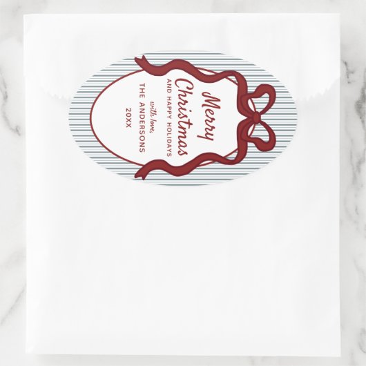 Classic Red Blue Stripes & Bow Frame Christmas  Ovale Sticker (Tas)