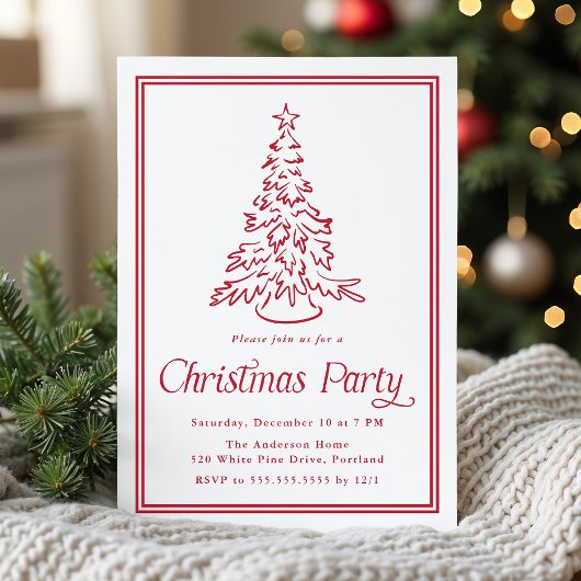 Classic Red Border Christmas Tree Christmas Party Kaart