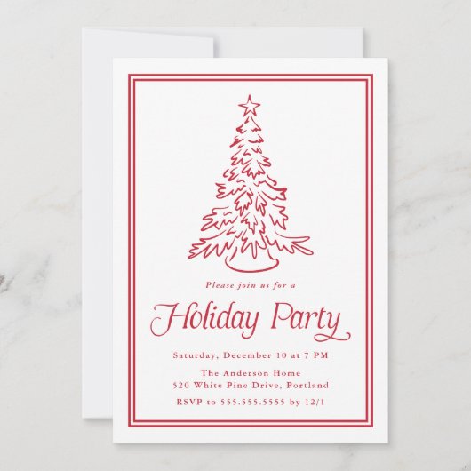 Classic Red Border Christmas Tree Holiday Party Kaart (Voorkant)