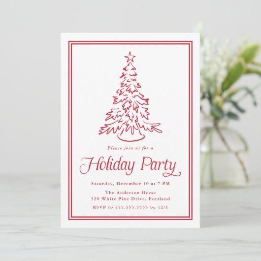 Classic Red Border Christmas Tree Holiday Party Kaart (Staand voorkant)