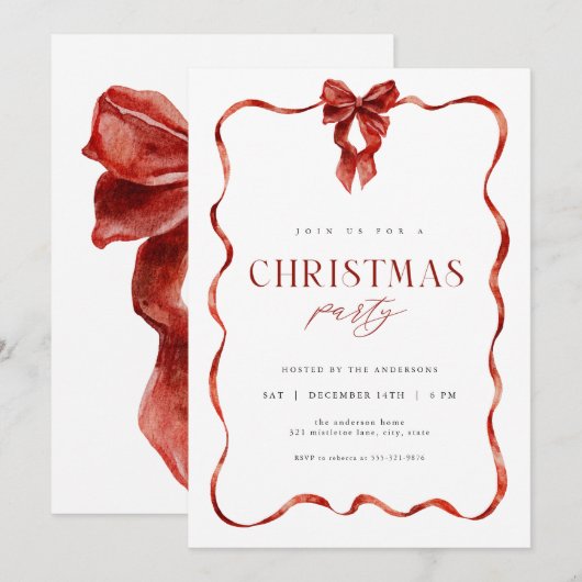 Classic Red Bow Ribbon kerstfeest uitnodiging (Voorkant / Achterkant)