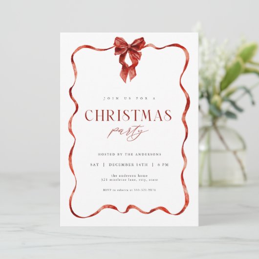 Classic Red Bow Ribbon kerstfeest uitnodiging (Staand voorkant)