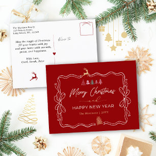 Classic Red: Bow & Trees Doodles Holiday Briefkaar Feestdagenkaart