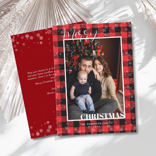 Classic Red Buffalo Plaid Snow Photo Christmas  Feestdagenkaart
