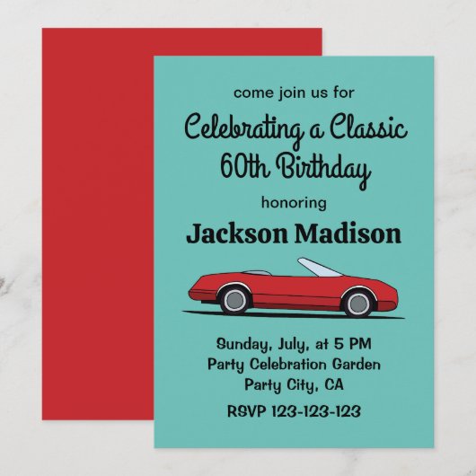Classic Red Car Birthday Party Kaart (Voorkant / Achterkant)